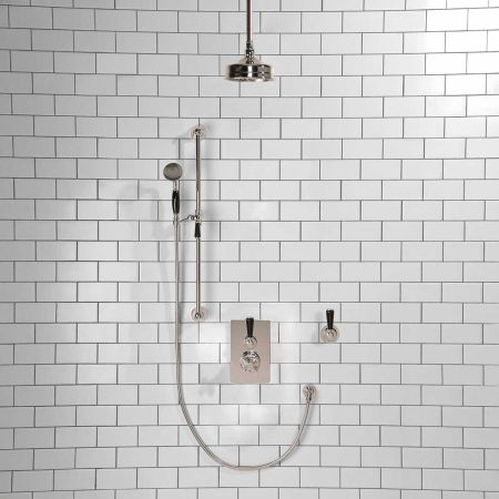 Calder Concealed Shower Valve Kit 6" Ceiling Mounted Rose With Diverter Black Lever Chrome Plated