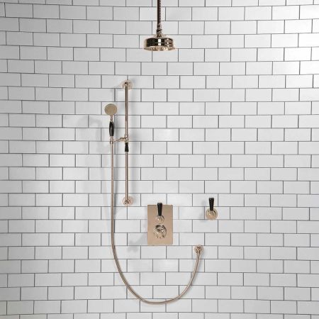 Calder Concealed Shower Valve Kit With Diverter And 6" Ceiling Mounted Rose Black Lever Polished Nickel