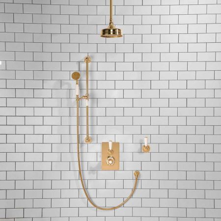Calder Concealed Shower Valve Kit With Diverter And 6" Ceiling Mounted Rose White Lever Polished Brass
