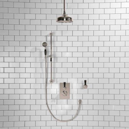 Calder Concealed Shower Valve Kit 8" Ceiling Mounted Rose With Diverter Black Lever Chrome Plated