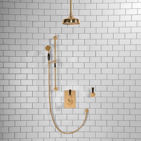 Calder Concealed Shower Valve Kit 8" Ceiling Mounted Rose With Diverter Black Lever Polished Brass