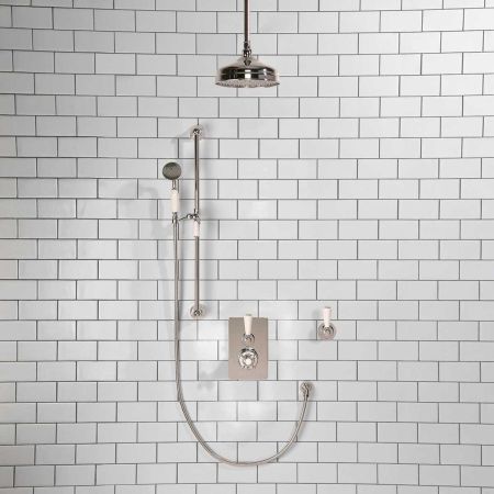 Calder Concealed Shower Valve Kit 8" Ceiling Mounted Rose With Diverter White Lever Chrome Plated