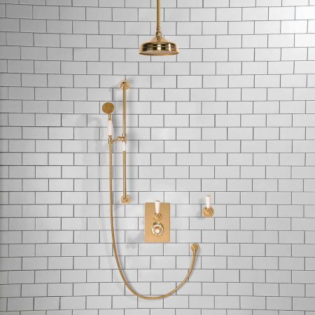Calder Concealed Shower Valve Kit 8" Ceiling Mounted Rose With Diverter White Lever Polished Brass
