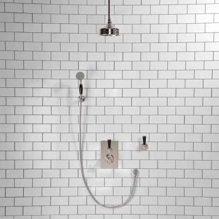 Calder Concealed Shower Valve Kit 6" Ceiling Mounted Rose with Diverter and Hook Mount Black Lever Chrome Plated