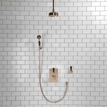 Calder Concealed Shower Valve Kit with Diverter and Hook Mount And 6" Ceiling Mounted Rose Black Lever Polished Nickel