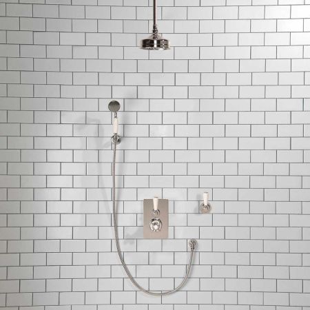 Calder Concealed Shower Valve Kit 6" Ceiling Mounted Rose with Diverter and Hook Mount White Lever Chrome Plated