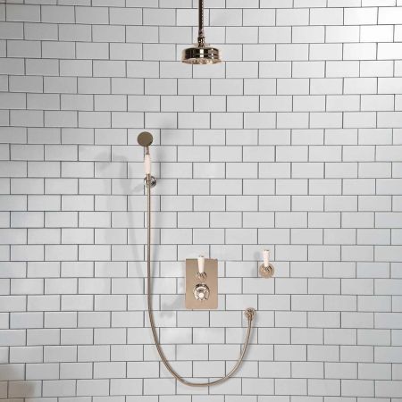 Calder Concealed Shower Valve Kit with Diverter and Hook Mount And 6" Ceiling Mounted Rose White Lever Polished Nickel