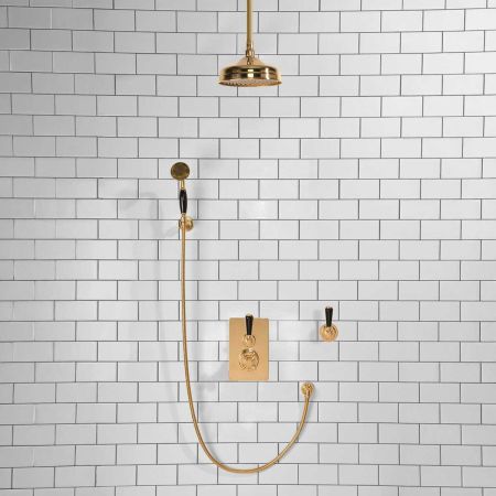 Calder Concealed Shower Valve Kit 8" Ceiling Mounted Rose with Diverter and Hook Mount Black Lever Polished Brass