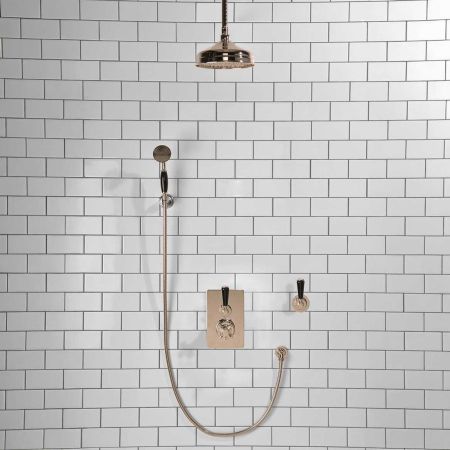 Calder Concealed Shower Valve Kit 8" Ceiling Mounted Rose with Diverter and Hook Mount Black Lever Polished Nickel