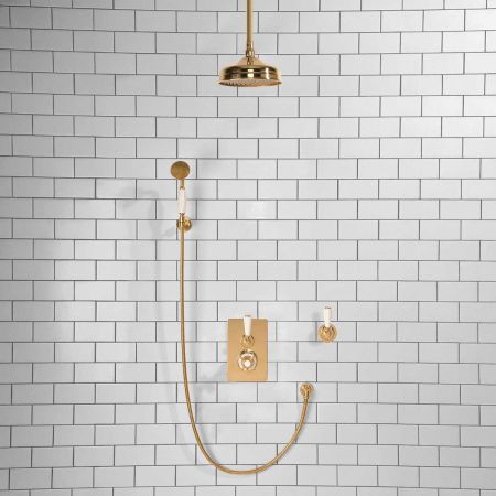 Calder Concealed Shower Valve Kit 8" Ceiling Mounted Rose with Diverter and Hook Mount White Lever Polished Brass