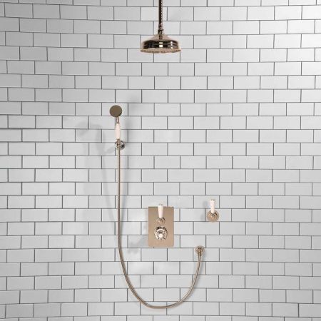 Calder Concealed Shower Valve Kit 8" Ceiling Mounted Rose with Diverter and Hook Mount White Lever Polished Nickel