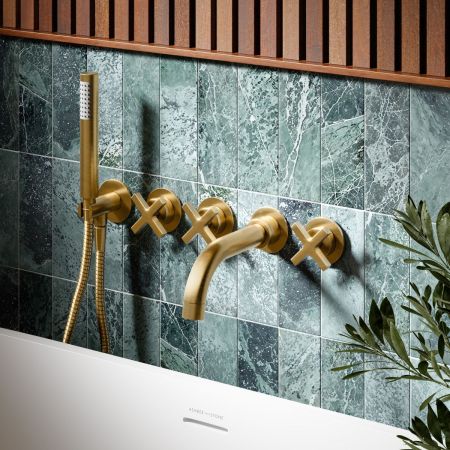 Bayor Wall Mounted 5 Hole Bath Shower Mixer - Crosshead - Brushed Brass
