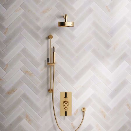 Elbe Dual Outlet Shower Kit - Concealed Valve - Black Ceramic Lever - Handshower Slider-Rail - Brushed Brass