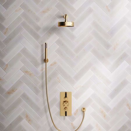 Elbe Dual Outlet Shower Kit - Concealed Valve - Black Ceramic Lever - Handshower Hook - Brushed Brass