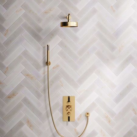 Elbe Dual Outlet Shower Kit - Concealed Valve - Black Ceramic Lever - Handshower Hook - Brushed Brass