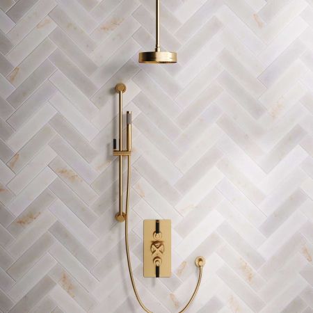 Elbe Dual Outlet Shower Kit - Concealed Valve - Black Ceramic Lever - Handshower Slider-Rail - Ceiling Mounted Rose - Brushed Brass