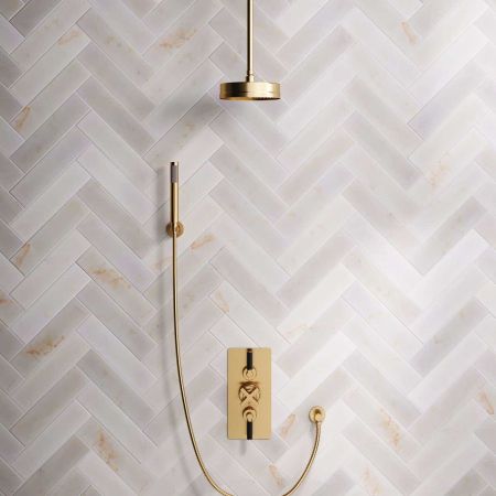 Elbe Dual Outlet Shower Kit - Concealed Valve - Black Ceramic Lever - Handshower Hook - Ceiling Mounted Rose - Brushed Brass