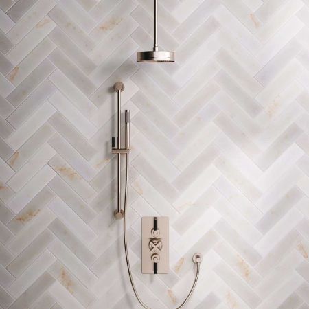 Elbe Dual Outlet Shower Kit - Concealed Valve - Black Ceramic Lever - Handshower Slider-Rail - Ceiling Mounted Rose - Brushed Nickel