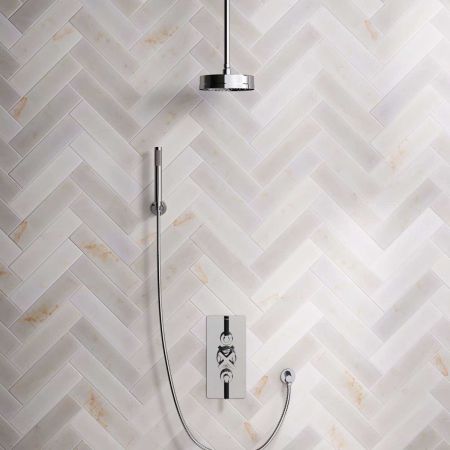 Elbe Dual Outlet Shower Kit - Concealed Valve - Black Ceramic Lever - Handshower Hook - Ceiling Mounted Rose - Chrome Finish