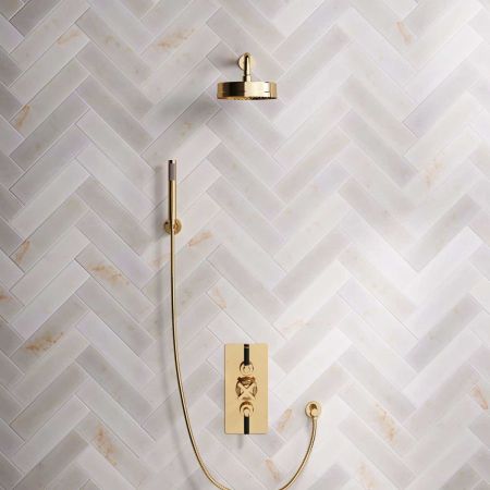 Elbe Dual Outlet Shower Kit - Concealed Valve - Black Ceramic Lever - Handshower Hook - Polished Brass