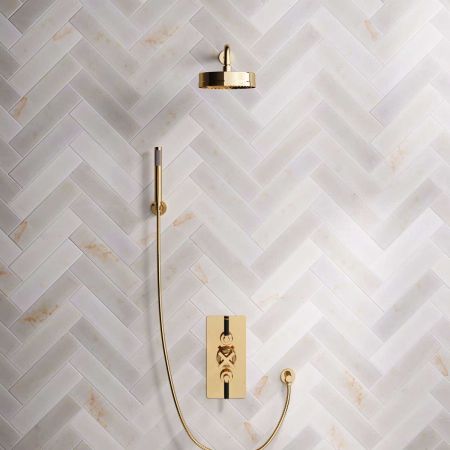 Elbe Dual Outlet Shower Kit - Concealed Valve - Black Ceramic Lever - Handshower Hook - Polished Brass