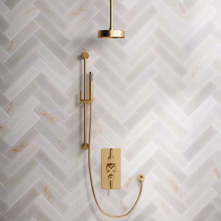 Elbe Dual Outlet Shower Kit - Concealed Valve - Brushed Brass Lever - Handshower Slider-Rail - Ceiling Mounted Rose - Brushed Brass