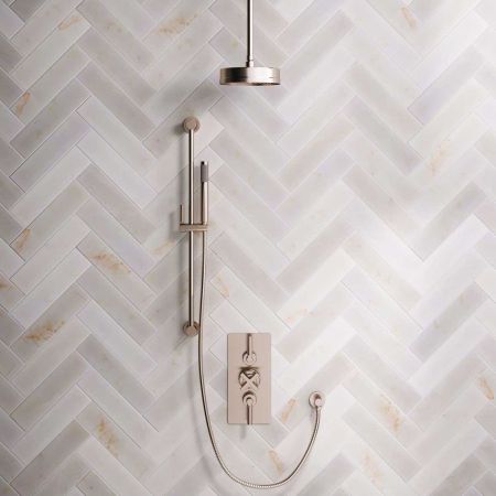 Elbe Dual Outlet Shower Kit - Concealed Valve - Brushed Nickel Lever - Handshower Slider-Rail - Ceiling Mounted Rose - Brushed Nickel