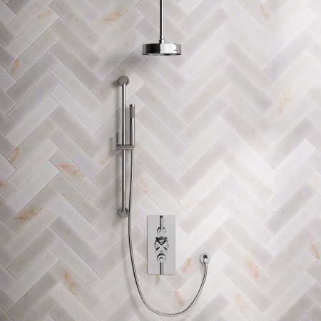 Elbe Dual Outlet Shower Kit - Concealed Valve - Chrome Finish Lever - Handshower Slider-Rail - Ceiling Mounted Rose - Chrome Finish