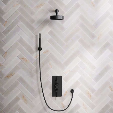 Elbe Dual Outlet Shower Kit - Concealed Valve - Matt Black Lever - Handshower Hook - Matt Black