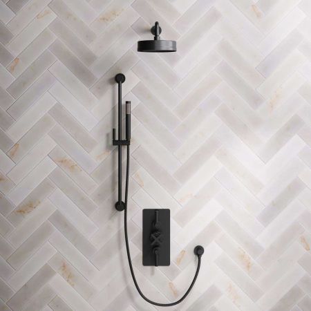 Elbe Dual Outlet Shower Kit - Concealed Valve - Matt Black Lever - Handshower Slider-Rail - Matt Black