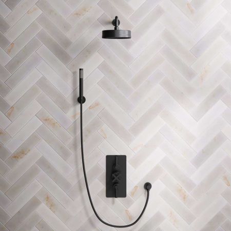 Elbe Dual Outlet Shower Kit - Concealed Valve - Matt Black Lever - Handshower Hook - Matt Black