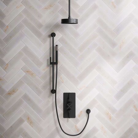 Elbe Dual Outlet Shower Kit - Concealed Valve - Matt Black Lever - Handshower Slider-Rail - Ceiling Mounted Rose - Matt Black