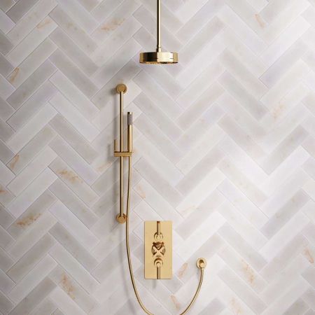Elbe Dual Outlet Shower Kit - Concealed Valve - Polished Brass Lever - Handshower Slider-Rail - Ceiling Mounted Rose - Polished Brass
