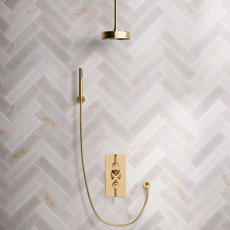 Elbe Dual Outlet Shower Kit - Concealed Valve - Polished Brass Lever - Handshower Hook - Ceiling Mounted Rose - Polished Brass