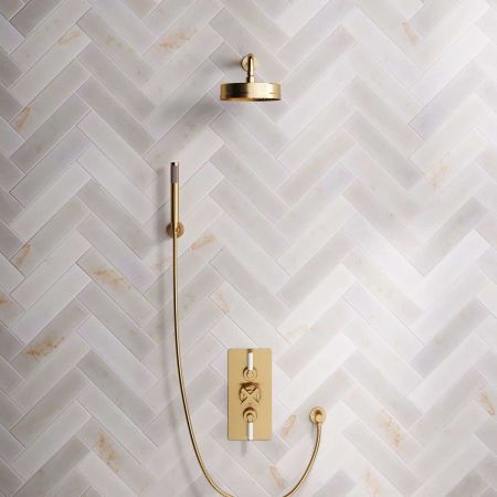 Elbe Dual Outlet Shower Kit - Concealed Valve - White Ceramic Lever - Handshower Hook - Brushed Brass