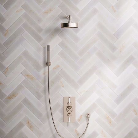 Elbe Dual Outlet Shower Kit - Concealed Valve - White Ceramic Lever - Handshower Hook - Brushed Nickel