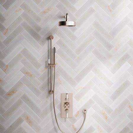 Elbe Dual Outlet Shower Kit - Concealed Valve - White Ceramic Lever - Handshower Slider-Rail - Brushed Nickel