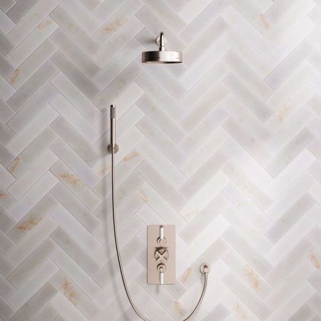 Elbe Dual Outlet Shower Kit - Concealed Valve - White Ceramic Lever - Handshower Hook - Brushed Nickel