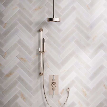 Elbe Dual Outlet Shower Kit - Concealed Valve - White Ceramic Lever - Handshower Slider-Rail - Ceiling Mounted Rose - Brushed Nickel