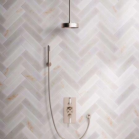 Elbe Dual Outlet Shower Kit - Concealed Valve - White Ceramic Lever - Handshower Hook - Ceiling Mounted Rose - Brushed Nickel