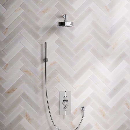 Elbe Dual Outlet Shower Kit - Concealed Valve - White Ceramic Lever - Handshower Hook - Chrome Finish