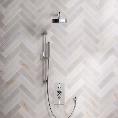 Elbe Dual Outlet Shower Kit - Concealed Valve - White Ceramic Lever - Handshower Slider-Rail - Chrome Finish