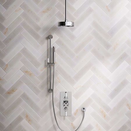 Elbe Dual Outlet Shower Kit - Concealed Valve - White Ceramic Lever - Handshower Slider-Rail - Ceiling Mounted Rose - Chrome Finish