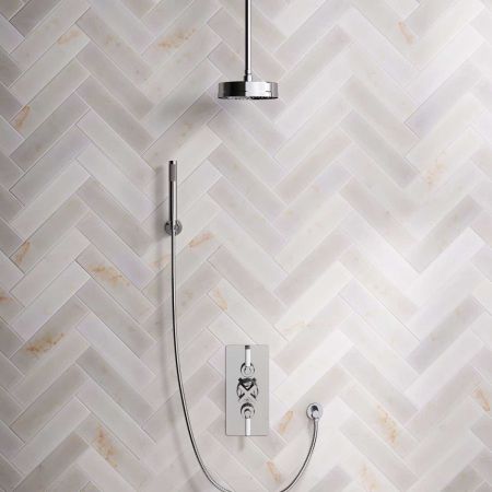 Elbe Dual Outlet Shower Kit - Concealed Valve - White Ceramic Lever - Handshower Hook - Ceiling Mounted Rose - Chrome Finish