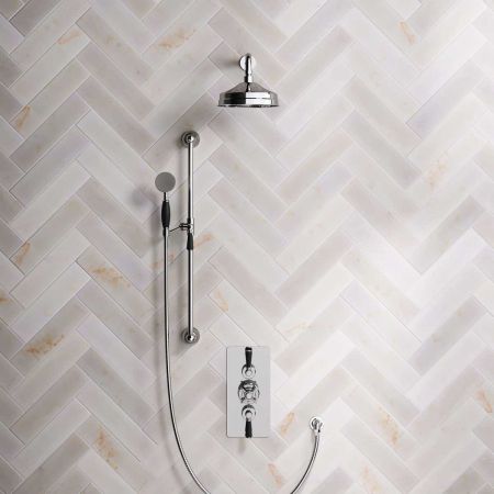 Calder Dual Outlet Shower Kit - Concealed Valve - 8 inch Rose - Black Ceramic Lever - Handshower Slider-Rail - Chrome Finish