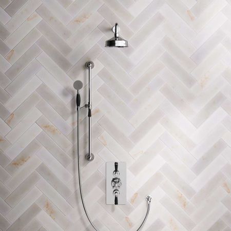 Calder Dual Outlet Shower Kit - Concealed Valve - 6 inch Rose - Black Ceramic Lever - Handshower Slider-Rail - Chrome Finish