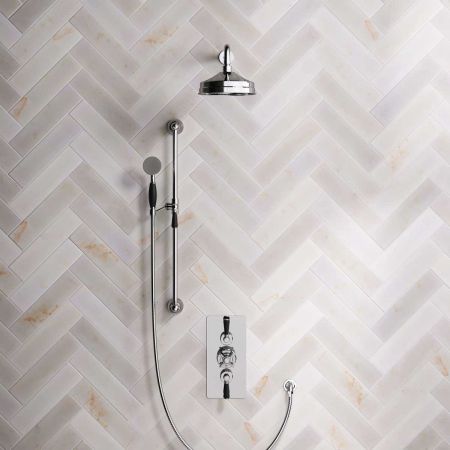 Calder Dual Outlet Shower Kit - Concealed Valve - 8 inch Rose - Black Ceramic Lever - Handshower Slider-Rail - Chrome Finish