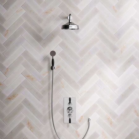 Calder Dual Outlet Shower Kit - Concealed Valve - 8 inch Rose - Black Ceramic Lever - Handshower Hook - Chrome Finish