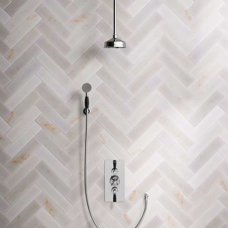 Calder Dual Outlet Shower Kit - Concealed Valve - 6 inch Rose - Black Ceramic Lever - Handshower Hook - Ceiling Mounted Rose - Chrome Finish