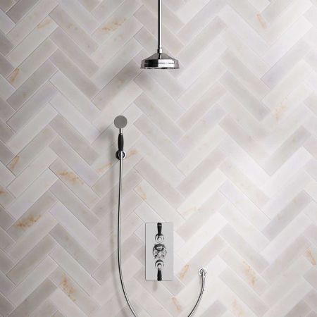 Calder Dual Outlet Shower Kit - Concealed Valve - 8 inch Rose - Black Ceramic Lever - Handshower Hook - Ceiling Mounted Rose - Chrome Finish